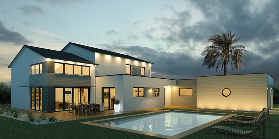 Image de maison moderne, exemple de construction conforme RE 2020, étudiée par un bureau d'études thermiques.